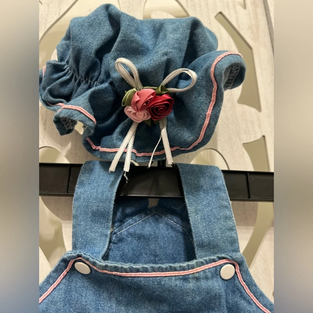 Vintage Y2K Denim Baby Dress with Teddy Appliqué and Matching Scrunchie Hat